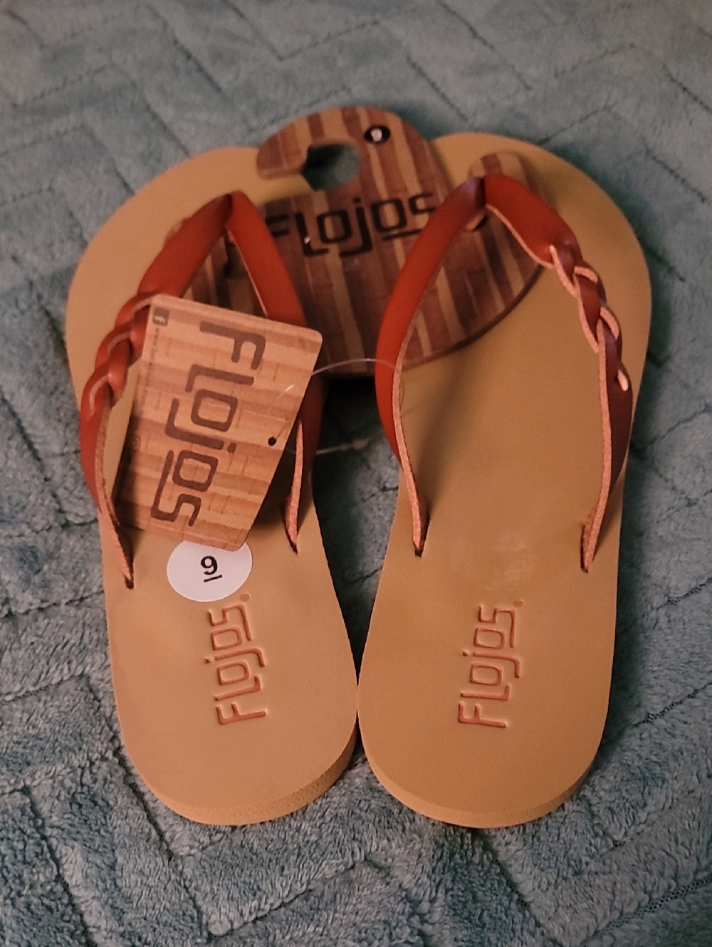 Flojos Tan Flip Flops with Braided Brown Straps